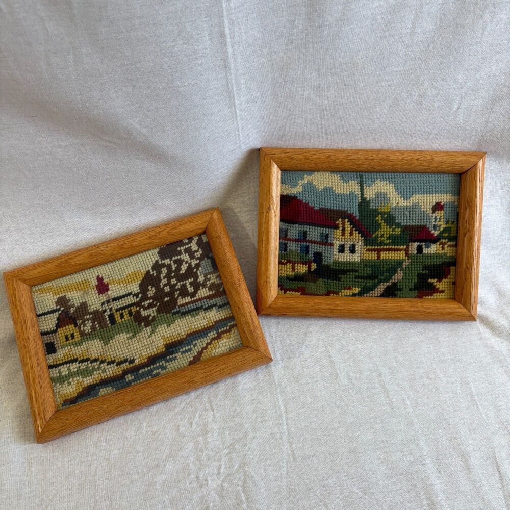 Vintage Needlepoint Village Cottage Wall Art Pair Wood Frames